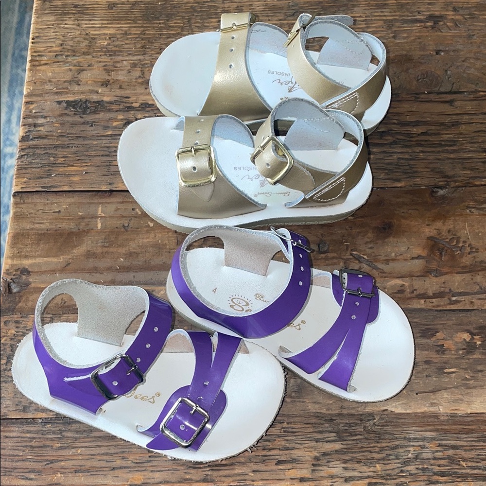 2 Pair Salt Water Sandals by Hoy Gold and Purple Kids Sandals Sz 4 & Sz 5